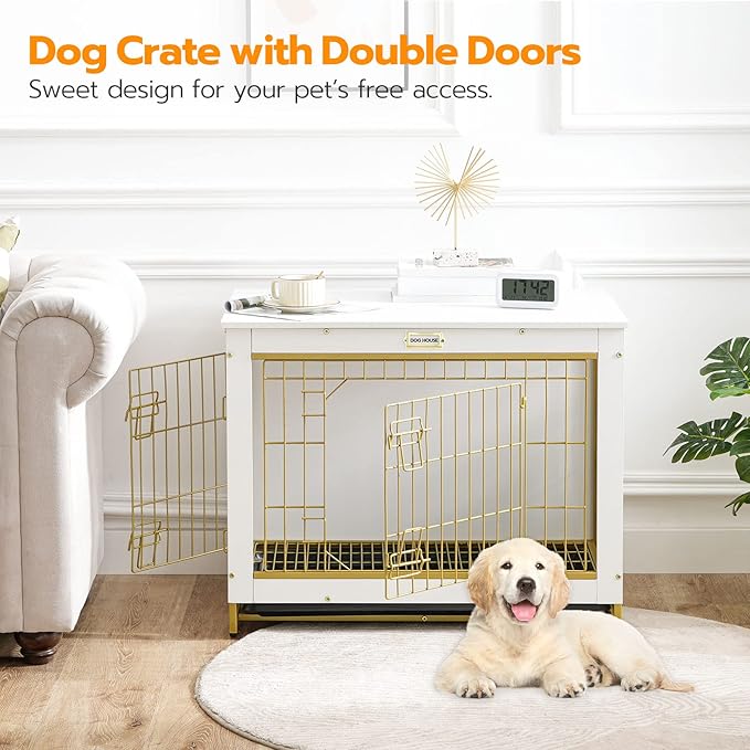 HOOBRO Dog Crate Furniture, 32.5" Medium Dog Kennel Indoor, Wooden Cage with Pull-Out Tray, Double Doors Pet House Side End Table for Medium/Small Dogs, White DW802GW03