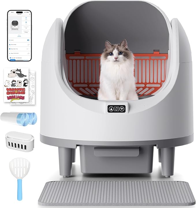 Bashaw Self Cleaning Litter Box, Automatic Cat Litter Box for Multiple Cats, App Control with Safety Sensors, Open Top, Includes Scent Cartridge & Trash Bags