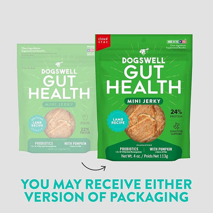 DOGSWELL Gut Health Mini Jerky Functional Dog Treats, Lamb 4 oz. Bag