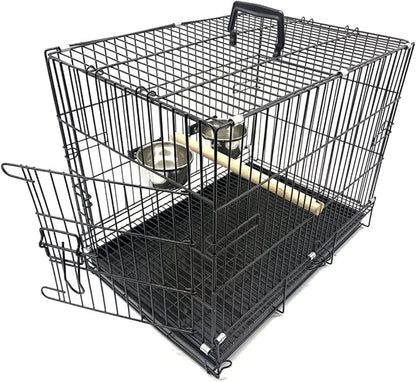 Easy Portable Foldable Travel Vet Bird Parrot Cage Carrier Handle with Stainless Feeder Bowls and Natural Wooden Stand Perch Prevent Beaks Out
