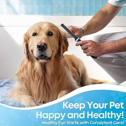 Flexzion Metal Pet Comb for Cats & Dogs - Sturdy Stainless Steel Rounded Teeth with Non-Slip Soft Grip Handle Easy to Use Grooming Detangling Cat Combs for Indoor Cats, Blue