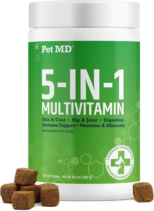 Pet MD 5in1 Dog Multivitamin - 30 Essential Vitamins, Minerals & Nutrients for Skin & Coat, Hip & Joint, Digestion, Senior Dog & Puppy Vitamins - Glucosamine, Omega 3 6 9, & Probiotics - 60ct