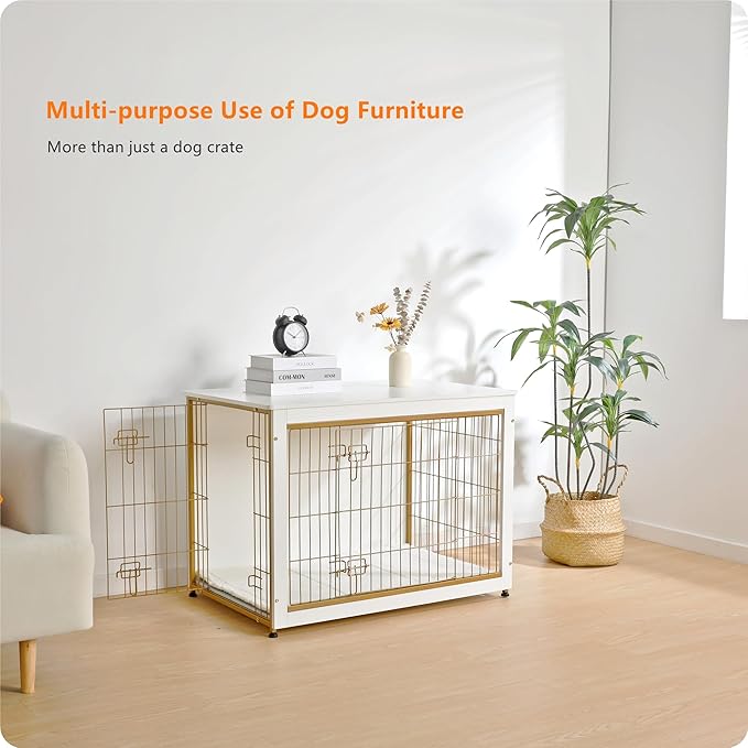 DWANTON Dog Crate Furniture with Cushion, Wooden Dog Crate Table, Double Doors Dog Furniture, Indoor Dog Kennel, Dog House, Dog Cage Large, 38.5" L, White