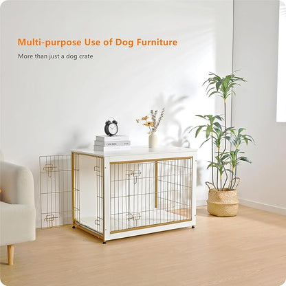 DWANTON Dog Crate Furniture with Cushion, Wooden Dog Crate Table, Double Doors Dog Furniture, Indoor Dog Kennel, Dog House, Dog Cage Large, 38.5" L, White