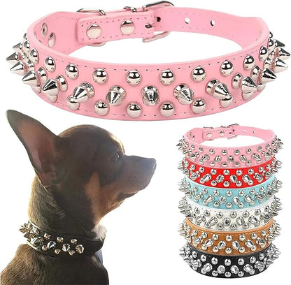 PETCARE Spiked Dog Collar Pink Soft Pu Leather Funny Mushrooms Rivet Spike Studded Puppy Collar Adjustable Outdoor Pet Dog Collar for Small Medium Large Dogs Cats Chihuahua Pug Pit Bull Dog Collars