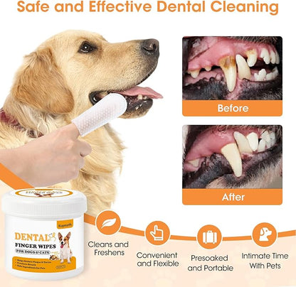 Teeth Cleaning Finger Wipes, Dog Dental Wipes, Reduce Plaque & Tartar, Freshen Breath, Safe & Natural Pet Dental Wipes for Dogs Teeth, Portable Dog Tooth Wipes for Cats,50 Ct, Chicken Scent
