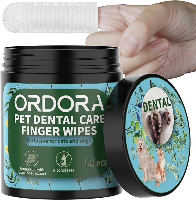 ORDORA PET Teeth Cleaning Wipes for Dogs & Cats, Dog Teeth Cleaning Finger Wipes - Dog Tooth Brushing Kit Dental Wipes - Reduces Plaque & Freshens Breath (50 Pcs)