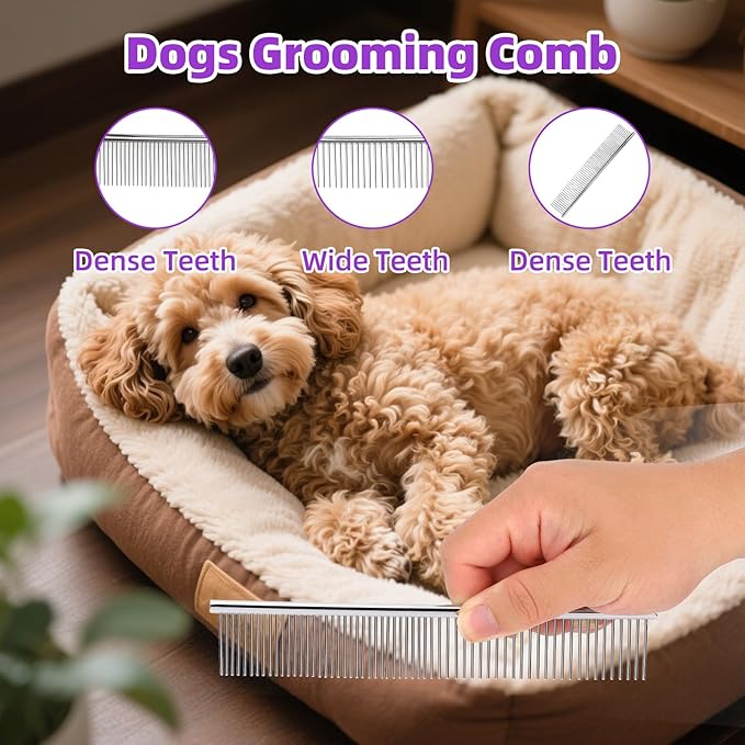 Dog Slicker Brush with Rake Comb, 2 in 1 Pet Grooming Brushes with Ergonomic Handle, Gentle Cleaning Massaging Brush for Cats Dogs