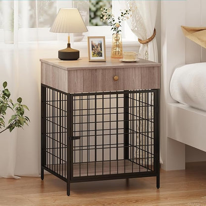 Small Dog Crate End Table,Dog Crate Furniture, Dog Kennel End Table with Storage Drawer, Chew-Proof Metal Fence, Lockable Door, Wooden Pet Cage Side Table Indoor