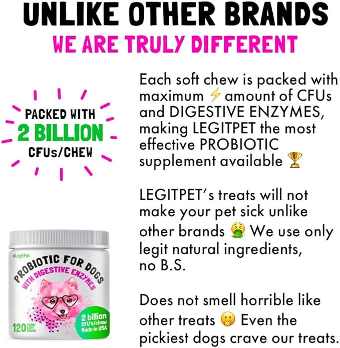 Probiotics for Dogs Natural Digestive Enzymes Prebiotics for Allergy Itch Relief Gut Flora Coprophagia Bowel Support Treatment Anti Diarrhea for Dogs Pet Health Immune System Support 120 Soft Chews