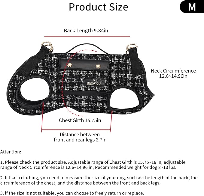 Dog Lift Harness Dog Carrier Dog VES Harness Adjustable Dog Leash with Small Puppy Treat Bag（Black,M）