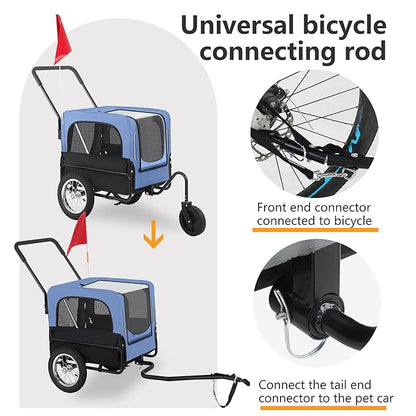 FDW Dog Stroller 2-in1 Dog Bike Trailer Pet Stroller Bicycle Carrier with Hitch Suspension Visibility Flag & Reflectors for Small Medium & Large Dogs (Blue)