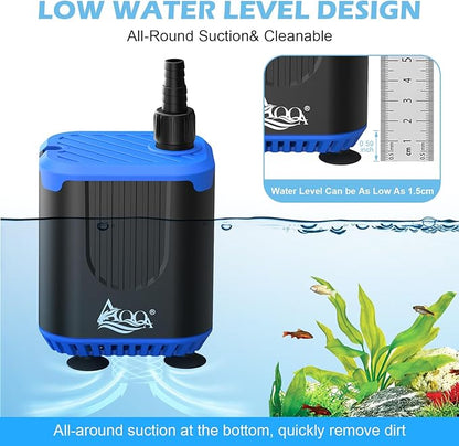 AQQA DC Aquarium Water Pump with Controller,4 Flow Adjustable,Feed Mode,IP68 Submersible Quiet Fish Tank Pump,3 Nozzles for Pond Fountain Statuary Hydroponics Freshwater Saltwater 10W 110V-240V