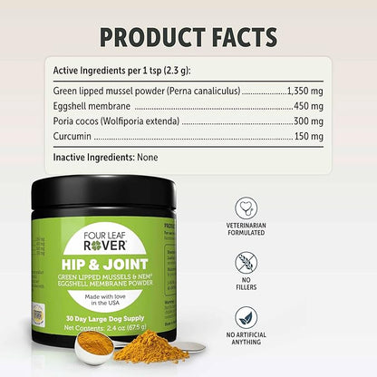 Four Leaf Rover Hip & Joint - Mobility & Joint Support with Glucosamine and Chondroitin for Dogs, 2.4 oz - 22 to 60 Day Supply, Depending on Dog_ Weight - Vet Formulated - Easy to Mix - Delicious