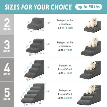 Dog Stairs for High Bed 22.6" H, Small Pet Steps with Leakproof Cover, High Density Foam Cat Ramp for Bed, Car or Couch, Lightweight, Durable, Comfort, 15.7x33x22.6 inch, 5 Tiers, Dark Grey