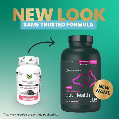 VetriScience Extra Strength Gut Health Easy-Open Capsules, Mega Probiotic and Prebiotic Digestive Supplement for Dogs and Cats, for Diarrhea and Immune Support, 7.5 Billion CFU Per Capsule, 120 Count