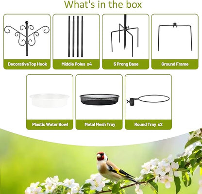 MIXXIDEA Bird Feeding Station Bird Feeder Pole with 5-Prong Base Hanging Hooks Water Bath Mesh Tray Wind-Resistant Water Bowl with Metal Snap Fastening for Outdoors to Attract Wild Birds