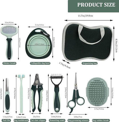 Pet Nail Clippers Trimmer and Grooming Kit, 8 Pieces Pet Grooming Kit - Dematting Comb,Slicker Brush,dog nail trimmer,collapsible bowl and dog toothbrush for Removing Knots and Hair for Dog,Cat