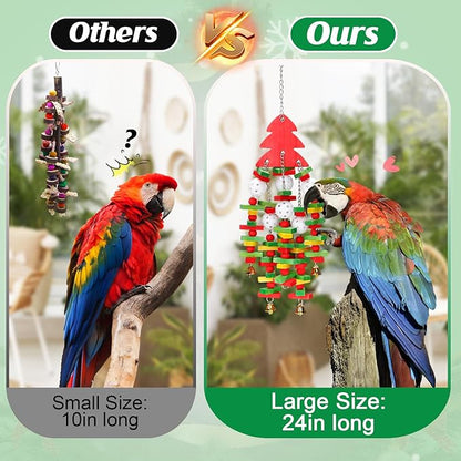 MEWTOGO Christmas Large Bird Toy - Natural Wooden Parrot Chewing Toy With Colorful Edible Blocks for Macaw African Grey Amazon Parrots, Xmas Gifts Bird Playing (Red)
