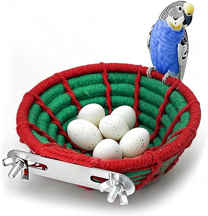 Bird Nest for Cage,Parrot Breeding Nest,Handwoven Cotton Rope Parakeet Bed,Canary Nesting House for Budgie,Finch,Cockatiel,Conure,Lovebird, Small Birds,Red&Green