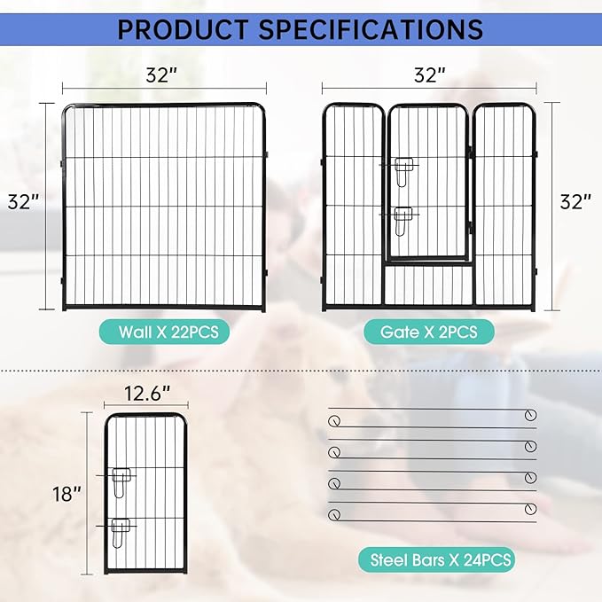 BestPet | Dog Playpen | 32 Inch, 24 Panels | Heavy Duty Metal Pet Exercise Pen | Indoor Outdoor Fence Panels | Rust-Resistant, Removable, Tool-Free Setup | Anti-Skid, Expandable Design