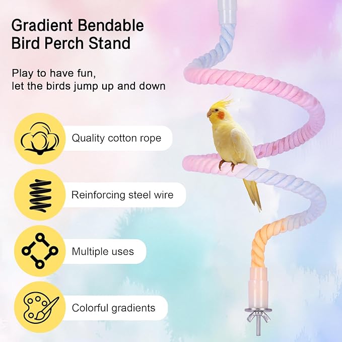 3Pcs Gradient Bendable Bird Perch Stand Set Climbing Rope Swing Playing Toys for Bird Cages Colorful Stand Rope for Parrots Cockatiels Budgies (Pink, one Size)