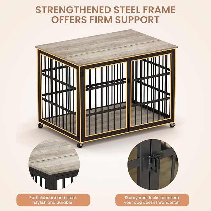 NicBex Dog Crate Furniture Dog Cage with Side Doors Opening, Dog Kennels for Inside Space, Wooden Dog Crate with Iron Doors and Lift Top for Medium and Small Dogs, Grey