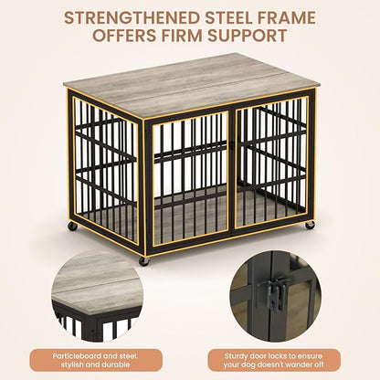 NicBex Dog Crate Furniture Dog Cage with Side Doors Opening, Dog Kennels for Inside Space, Wooden Dog Crate with Iron Doors and Lift Top for Medium and Small Dogs, Grey