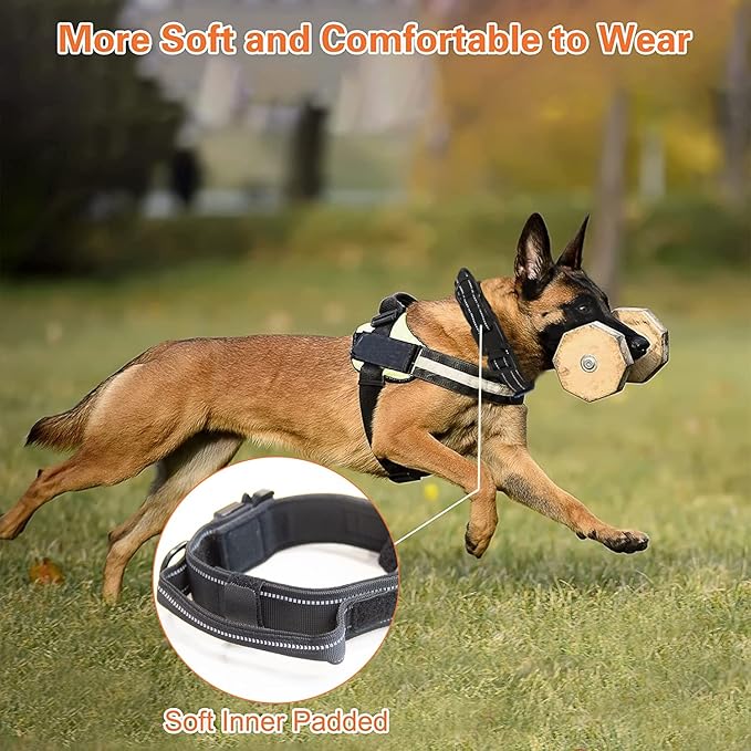 KCUCOP Tactical Dog Collar, Heavy Duty Dog Collar with Handle and Metal Buckle, Military Thick Dog Collars for Medium and Large Dogs(Black-L-Reflective, 1 Patch)