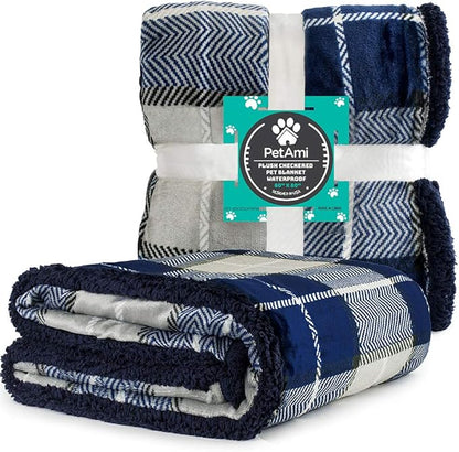 PetAmi WATERPROOF Dog Blanket for Bed, XL Dog Pet Blanket Couch Cover Protection, Sherpa Fleece Leakproof Bed Blanket for Crate Kennel Sofa Furniture Protector, Reversible Soft Plush 80x60 Plaid Navy