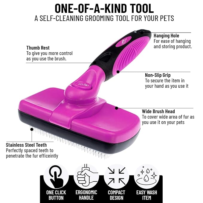 Self Cleaning Slicker Brush for Cat and Dog Coat - Detangler Dog Brush for Shedding & Grooming - Super Easy to Clean Deshedding Grooming Tool Removes Loose Pet Hair, Mats and Tangles (Pink)