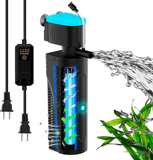 Aquarium Filter with Aeration & Rainfall Mode, U - V Fish Tank Filter with Timer (3/6/12/24 Hours) for Green Water Cleaning, Turtle Tank Filter with Efficient Filter Sponge (20-70Gal)