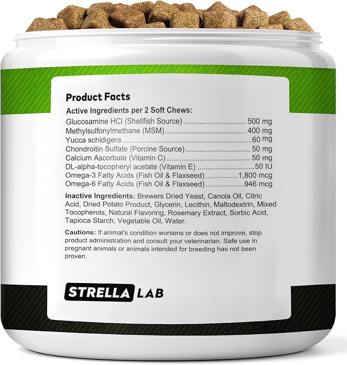 STRELLALAB Glucosamine Treats for Dogs - Joint Supplement w/Omega-3 Fish Oil - Chondroitin, MSM - Advanced Mobility Chews - Joint Pain Relief - Hip & Joint Care - Bacon Flavor - 120 Ct - Made in USA