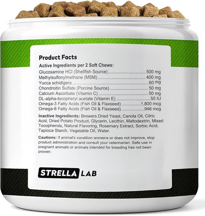 STRELLALAB Glucosamine Treats for Dogs - Joint Supplement w/Omega-3 Fish Oil - Chondroitin, MSM - Advanced Mobility Chews - Joint Pain Relief - Hip & Joint Care - Bacon Flavor - 120 Ct - Made in USA