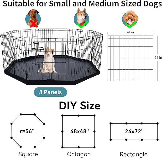 Dog Playpen Indoor with Bottom Pad/Top Cover, Dog Playpen Collapsible Metal Small Animal Kennels,8 Panels 24 "W x 24 "H for Indoor/Outdoor Small Medim Pet Yard