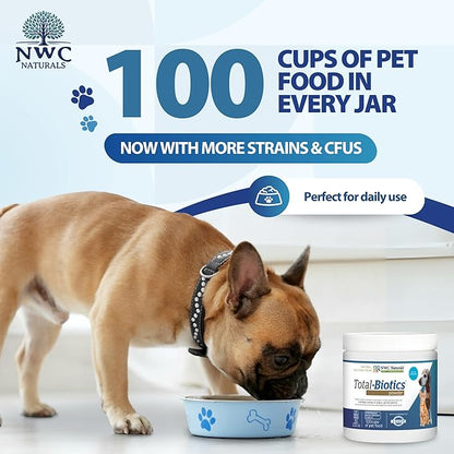 NWC Naturals Total-Biotics, Cat & Dog Probiotics for Digestive Health with Prebiotic, Unflavored Probiotic for Dogs & Cats, Supplement for Gut, Skin, Coat, Stomach Relief, 100 Servings, 2.22 Ounces