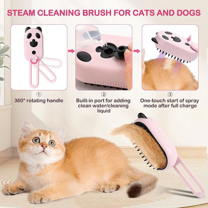 2025-NEW Cat Steam Brush for Shedding, 4 in 1 Brushs with Foldable Handle, Steam Brushs for Cats,Water Brush for Cat, Pet Spray Hair Removal Comb,magic wand for pet hair (pink)