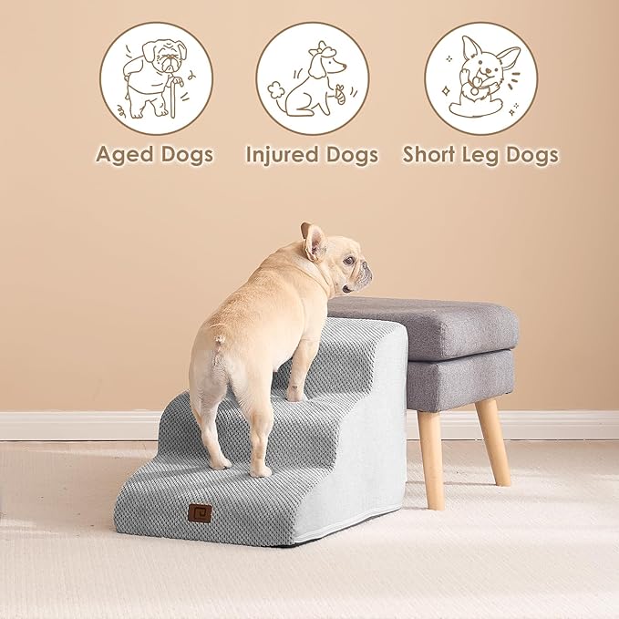 EHEYCIGA Curved Dog Stairs Ramp for Small Dogs 15.7" H, 3-Step Dog Steps for Couch Sofa and Chair, Pet Stairs for Cats, Non-Slip Balanced Pet Steps Indoor, Light Grey