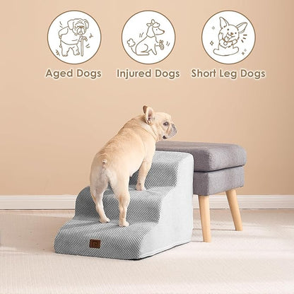 EHEYCIGA Curved Dog Stairs Ramp for Small Dogs 15.7" H, 3-Step Dog Steps for Couch Sofa and Chair, Pet Stairs for Cats, Non-Slip Balanced Pet Steps Indoor, Light Grey