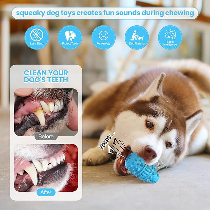 PIFFZEDO Dog Toys for Aggressive Chewers Tough Dog Squeaky Toys for Large Medium Breed Interactive Durable Natural Rubber Dog Chew Toys Dog Birthday Toy Dog Toothbrush(Azure,Large)
