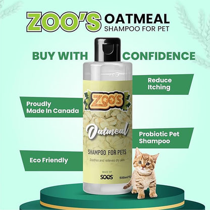 Zoo’s Pet Oatmeal Dog Shampoo for Cats and Pets Fast Absorbing Moisturize Skin Provides Relief to Dry, Itchy Skin While Softening Your Pet’s Coat - 1x Dog and Cat Shampoo (500ml / 16.9oz)