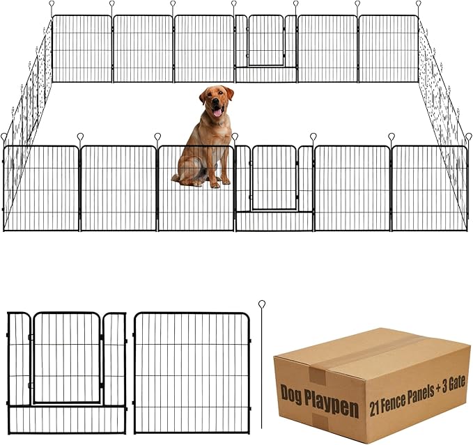 Dog Playpen,32 in(H) Pet Fence Outdoor for Rv Camping,Garden Fence Animal Barrie for Yard,Total 24 Panels with Gate 56Ft(L) Black Metal Temporary Fencing