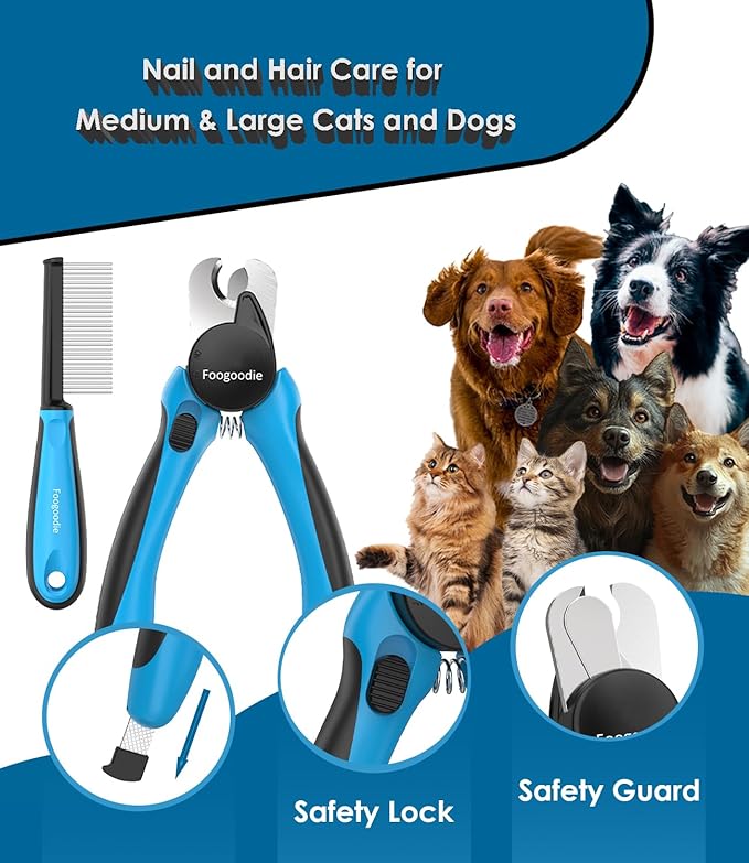 Dog Nail Clippers with Light, 2 in 1 Dog Nail Trimmers with Safety Guard & Quick Sensor to Prevent Over-Cutting, Includes Pet Grooming Comb & Nail File, Ideal for Cats & Dogs