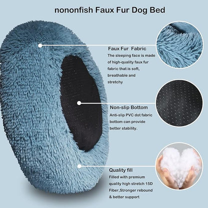 Blue Dog Bed for Small Dogs Fluffy Anti-Anxiety Dog Bed, Calming Dog Bed for Small Dogs Washble Snuggle Safe and Soft Puppy Bed for Small Dogs,Round Donut Machine Washable Small Pet Bed.