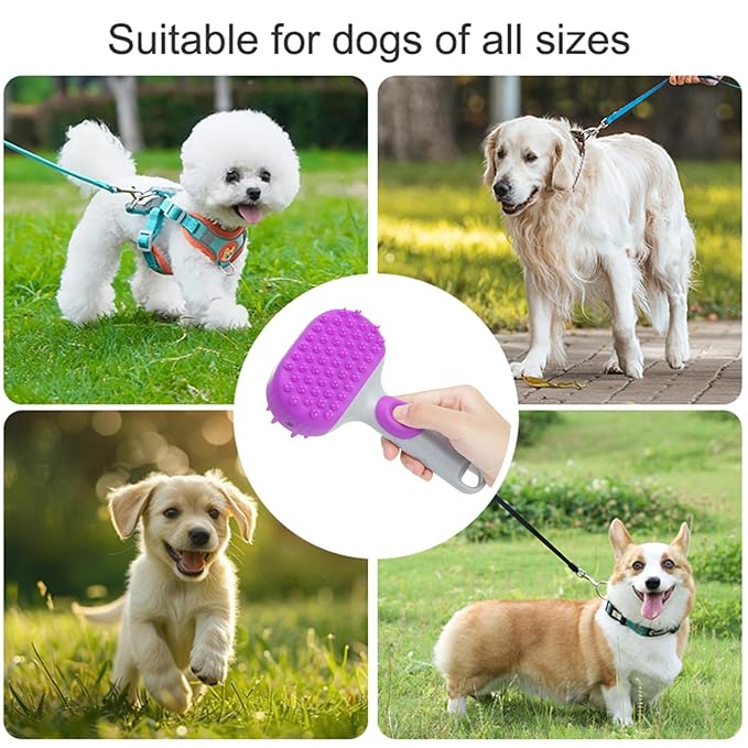 2 in1 Silicone Dog Cat Bath Brush, Pet Shampoo Brush Scrubber Massage Dispenser, Soft Silicone Grooming Shower Brush for Short Long Haired Dogs and Cats Washing (Purple)