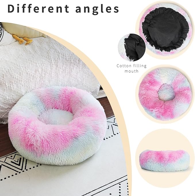 Puppy Bed for Calming Dog 19Inches Peach Anti-Anxiety Donut Dog Bed for Small Dogs Washable Fuzzy Dog Bed Fits up to 15 lbs Pets Beds for Small Dog
