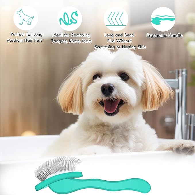 Large Green Dog Brush for Medium to Long Haired Pets - Slicker Brush Removes Loose Hair, Tangles and Knots, Best Grooming Tool for Small Animals, Free Pet Comb Included