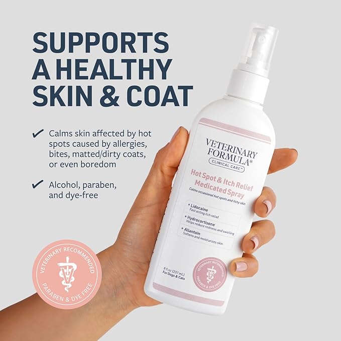 Veterinary Formula Clinical Care Hot Spot & Itch Relief Medicated Spray, 8oz  Easy to Use Spray for Dogs & Cats  Helps Alleviate Sensitive Skin, Scratching, and Licking of Coat (2 Pack)