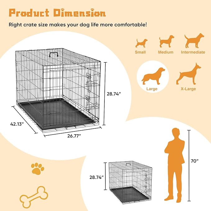 DUMOS Dog Crate, 42 Inch Large Double Door Dog Cage with Divider Panel and Plastic Leak-Proof Pan Tray, Folding Metal Wire Pet Kennel for Indoor, Outdoor, Travel