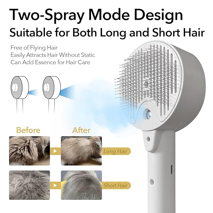 Donut 2-Gear Pet Steam Slicker Brush With UV, 4-in-1 Detangler Spray Dematting Brush For Shedding, Hair Remover With Release Button. For Indoor Long Or Short Hair Dogs, Cats, Rabbits. (White)